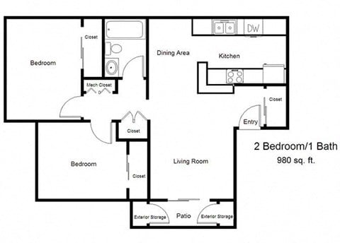 Floor plan for 2 beds, 1 bath, 980 sqft